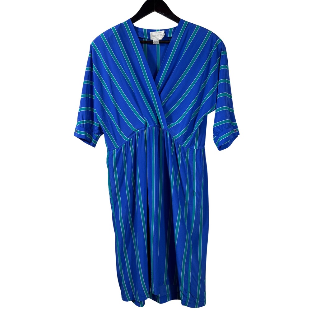 Vintage Silk Studio 100% Silk Striped Dress Blue Green Midi Size 14 Korea‎